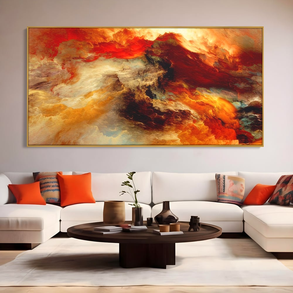Tablou canvas cu tablou canvas cu compozitie abstracta portocalie, in rama de aluminiu auriu, pe perete intr-un living